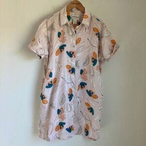 Rachel Zoe Pink Floral 100% Linen Button Down Shirt Dress Short Sleeve Large